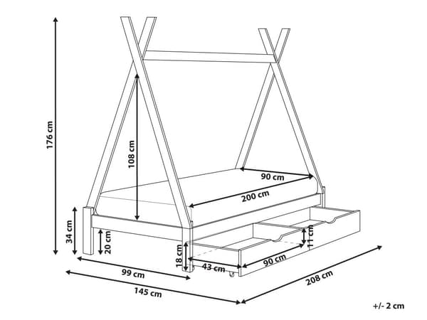 Børneseng tipi hvid fyrretræ 90 x 200 cm enkeltseng til børn lamelbundsseng