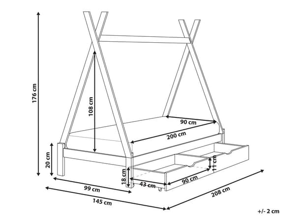 Børneseng tipi gråt fyrretræ 90 x 200 cm enkeltseng til børn lamelbundsseng