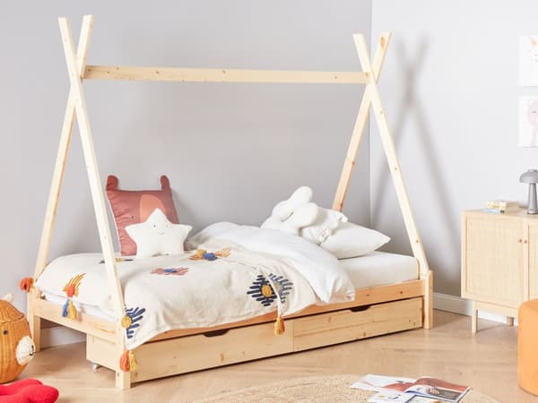 Børneseng tipi lyst fyrretræ 90 x 200 cm enkeltseng til børn lamelbundsseng