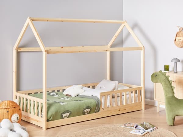Husseng Lyst Fyrretræ 90 x 200 Børneseng til Børneværelse Junior Størrelse Seng som Hus Gulvseng Enkeltseng med Sengehest Tremmer