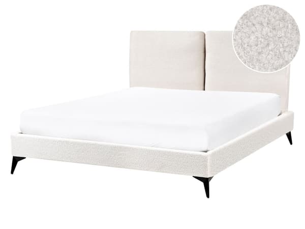 Seng Off White Boucle 140 x 200 cm Dekorativ Tre Kvart Seng med Sengegavl Halvanden Mands Kvalitetseng Stofseng Teenageværelse