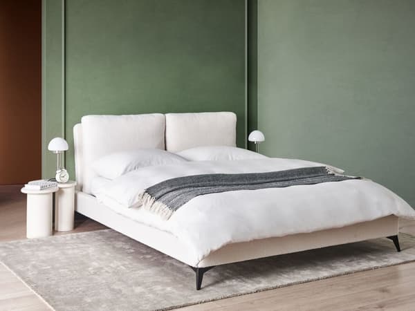Seng Off White Boucle 160 x 200 cm Moderne To Mands Blød Sengegavl Dobbeltseng Sengeramme Retro Design Stofseng Plys