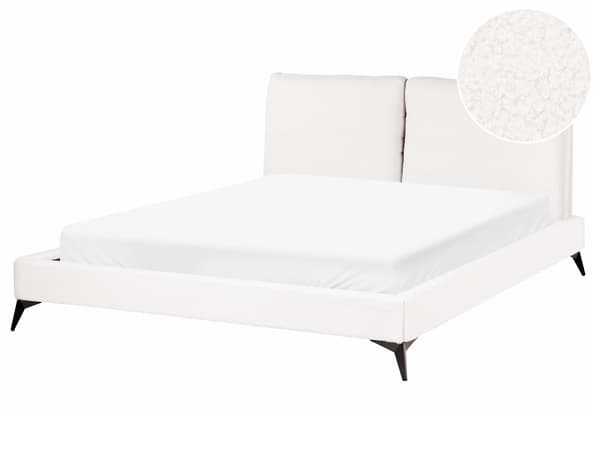 Seng Off White Boucle 160 x 200 cm Moderne To Mands Blød Sengegavl Dobbeltseng Sengeramme Retro Design Stofseng Plys