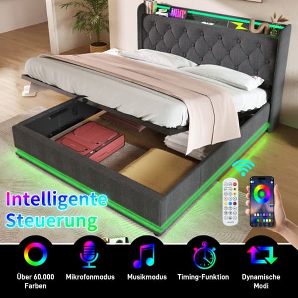 Dubbel säng, 360 LED omgivning, 160*200 cm, grå lin, med USB Type-C (madrass ingår ej)