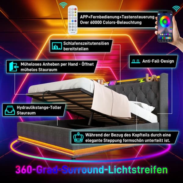 Dubbel säng, 360 LED omgivning, 160*200 cm, grå lin, med USB Type-C (madrass ingår ej)