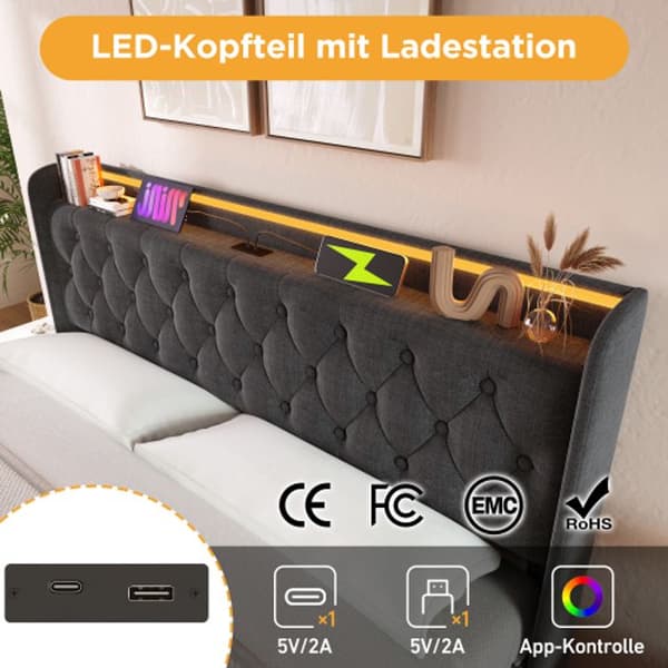Dubbel säng, 360 LED omgivning, 160*200 cm, grå lin, med USB Type-C (madrass ingår ej)