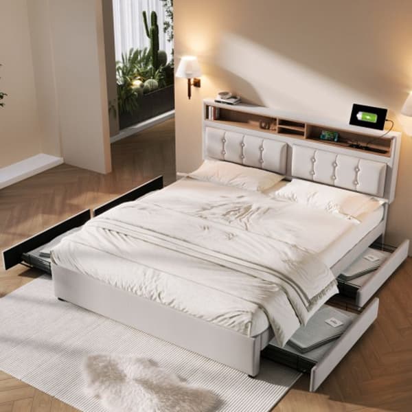 Med 4 lådor och USB-C-port, stoppad säng 140x200cm, justerbar sänggavel, trä ribbotten (utan madrass)