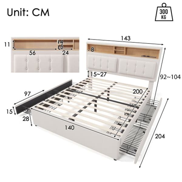 Med 4 lådor och USB-C-port, stoppad säng 140x200cm, justerbar sänggavel, trä ribbotten (utan madrass)