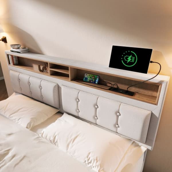 Med 4 lådor och USB-C-port, stoppad säng 140x200cm, justerbar sänggavel, trä ribbotten (utan madrass)