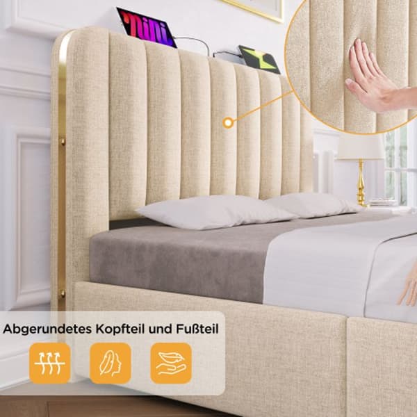 Polstret dubbelsäng med gulddekorerad huvudgavel, USB typ-C laddningsfunktion 160*200cm (utan madrass)