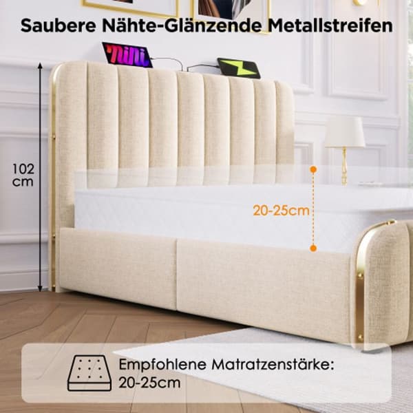 Polstret dubbelsäng med gulddekorerad huvudgavel, USB typ-C laddningsfunktion 160*200cm (utan madrass)