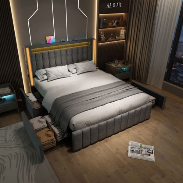 Säng med stoppning, USB, LED-belysning och 4 lådor, 160x200 cm, sängram, sängbotten av trä, grå (med madrass)