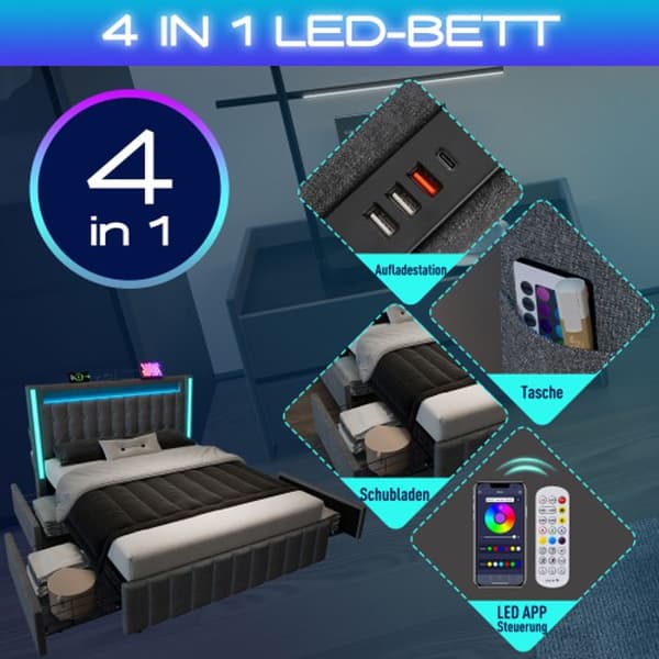 Säng med stoppning, USB, LED-belysning och 4 lådor, 160x200 cm, sängram, sängbotten av trä, grå (med madrass)