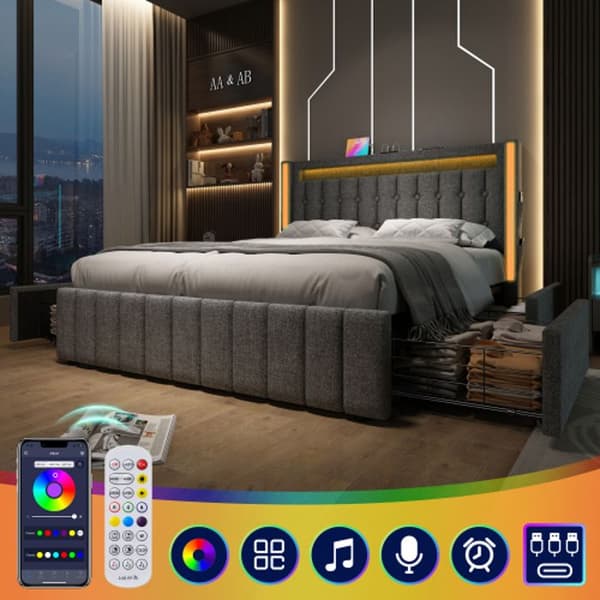 Säng med stoppning, USB, LED-belysning och 4 lådor, 160x200 cm, sängram, sängbotten av trä, grå (med madrass)