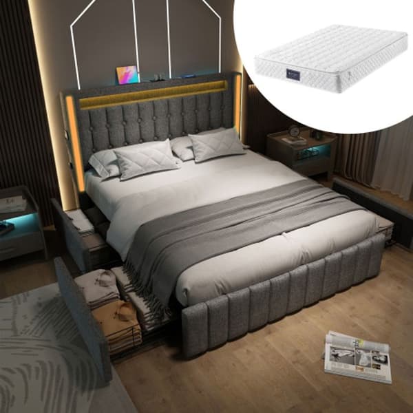 Säng med stoppning, USB, LED-belysning och 4 lådor, 160x200 cm, sängram, sängbotten av trä, grå (med madrass)