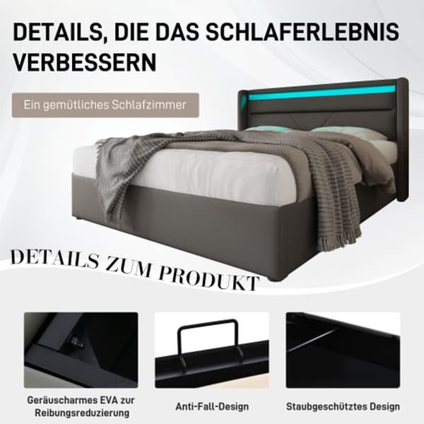 Hydraulisk förvaringssäng med LED-ljusskena, vadderad säng 160x200 cm, funktionell säng, grå (med fjärrkontroll)
