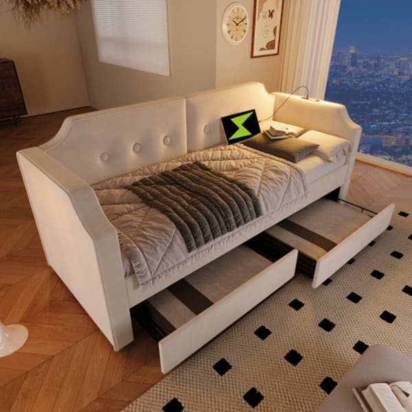 Konvertibel säng 90x200 cm, med USB-Type-C läslampa, med 2 förvaringslådor, sammet, beige (utan madrass)