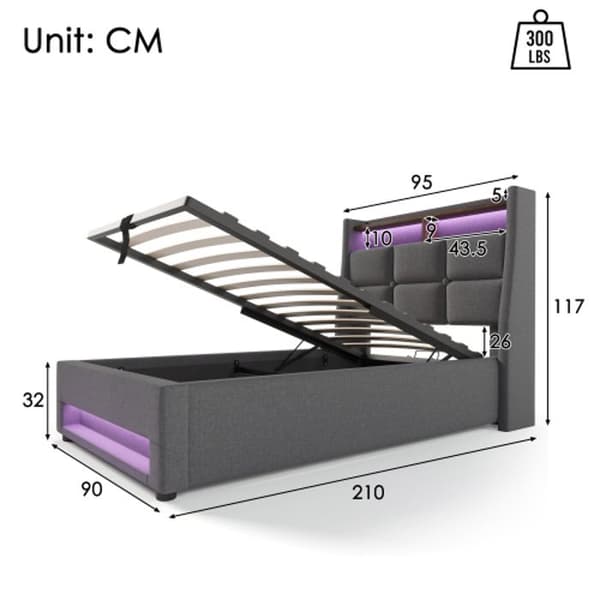 Inbäddad säng med USB 90x200cm, enkel LED-säng med metallsängbotten, ram av linne Juniorsäng (med madrass)