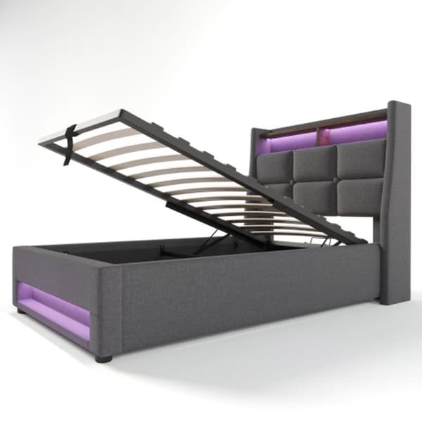 Inbäddad säng med USB 90x200cm, enkel LED-säng med metallsängbotten, ram av linne Juniorsäng (med madrass)