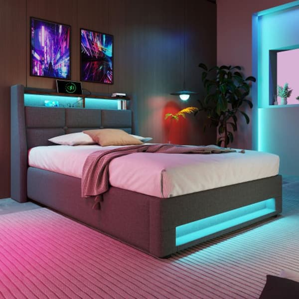 Inbäddad säng med USB 90x200cm, enkel LED-säng med metallsängbotten, ram av linne Juniorsäng (med madrass)