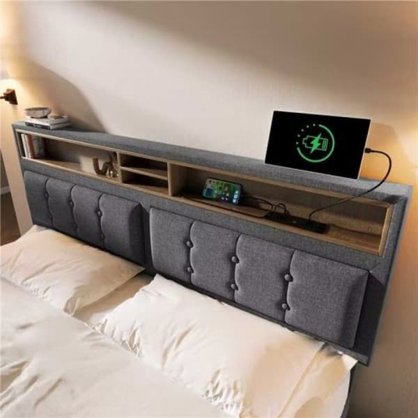 Klädd dubbelsäng med sänggavel och USB C-uttag, sängram av linne, 160x200 med spjälbotten (med madrass)