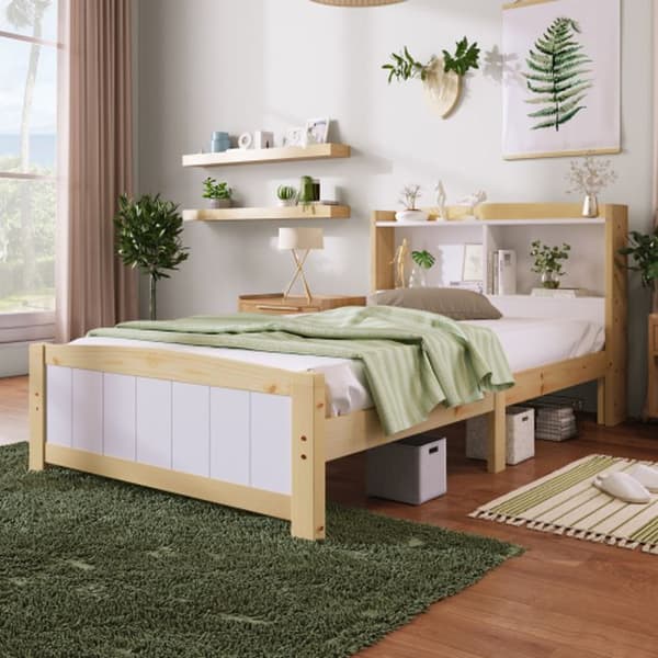 Litsimple Huvudgavel med förvaringsutrymme, 90 x 200 cm, naturligt massivt furu och vitt (utan madrass eller lådor)