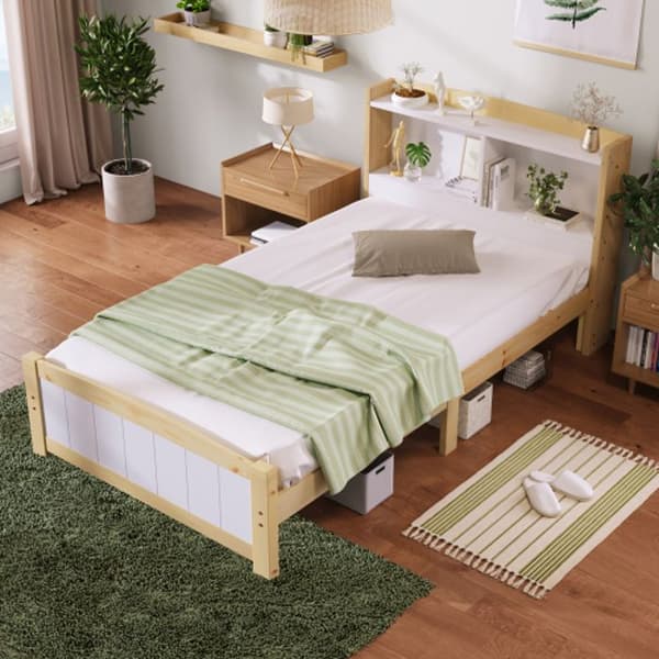 Litsimple Huvudgavel med förvaringsutrymme, 90 x 200 cm, naturligt massivt furu och vitt (utan madrass eller lådor)