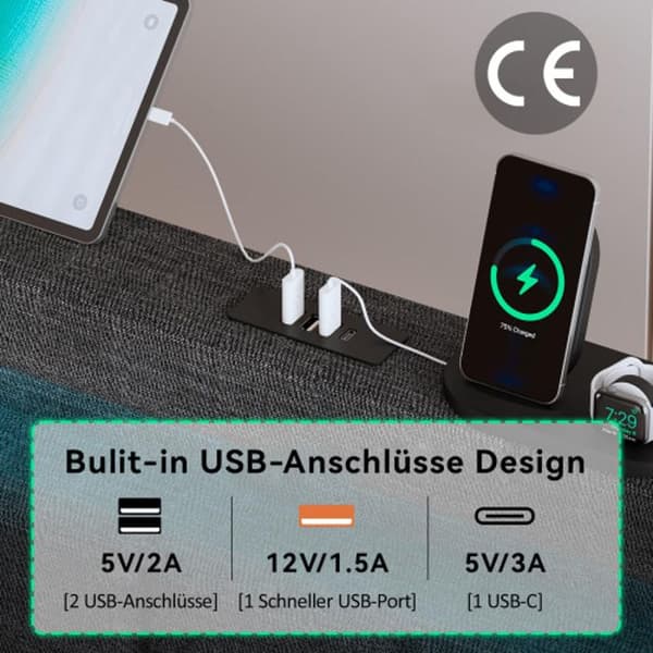 Säng med stoppning och USB Typ C-laddningsfunktion, LED-belysning och 2 lådor, barnsäng, 90x200 cm, grå (utan madrass)