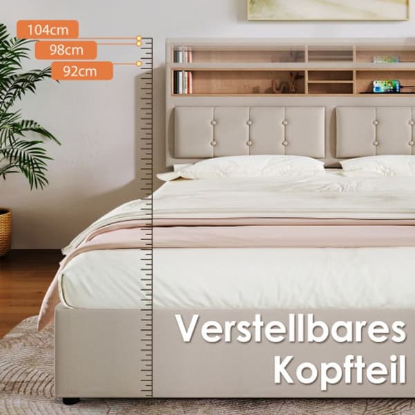 Klädd dubbelsäng med sänggavel och USB C-uttag, sängram av linne, 160x200 med spjälbotten (med madrass)