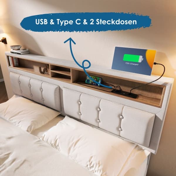 Klädd dubbelsäng med sänggavel och USB C-uttag, sängram av linne, 160x200 med spjälbotten (med madrass)