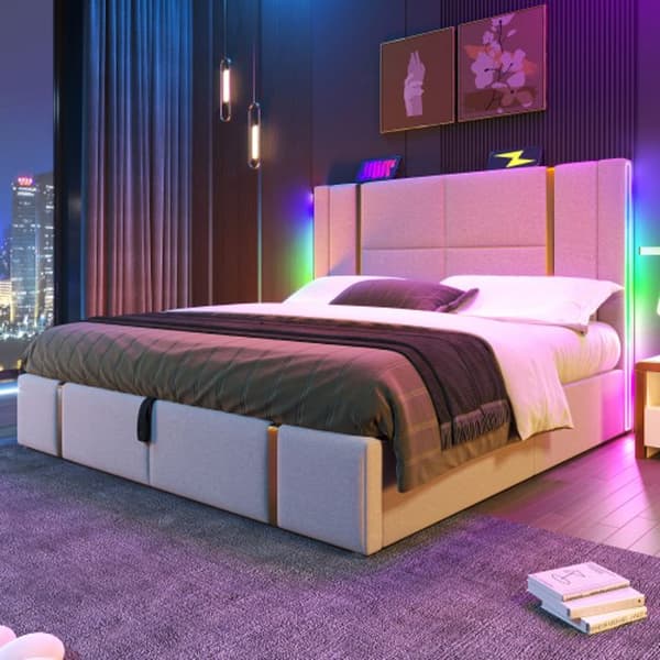 Stoppad säng USB Typ C APP kontroll LED 160×200, träribbad bas, beige Linne material (madrass ingår ej)