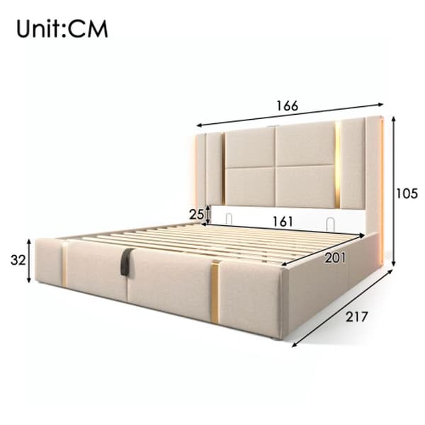 Stoppad säng USB Typ C APP kontroll LED 160×200, träribbad bas, beige Linne material (madrass ingår ej)