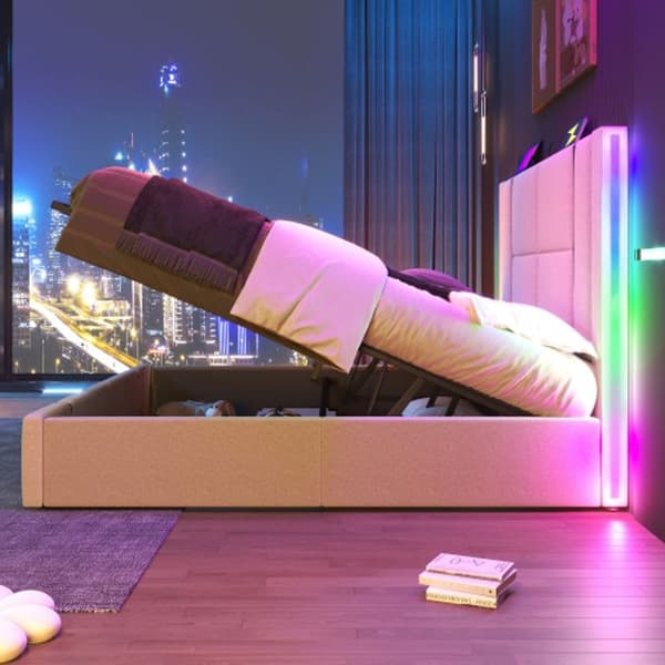 Stoppad säng USB Typ C APP kontroll LED 160×200, träribbad bas, beige Linne material (madrass ingår ej)