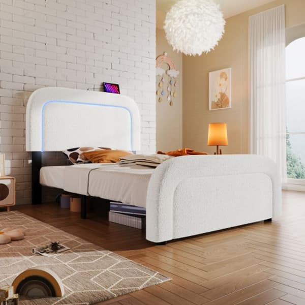 Med USB Type C LED-belysning, stoppad säng 90x200 cm, justerbar sänggavel, träribbad, Sherp-vit (med madrass)
