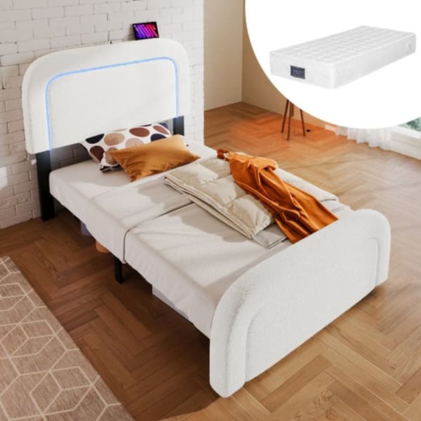 Med USB Type C LED-belysning, stoppad säng 90x200 cm, justerbar sänggavel, träribbad, Sherp-vit (med madrass)