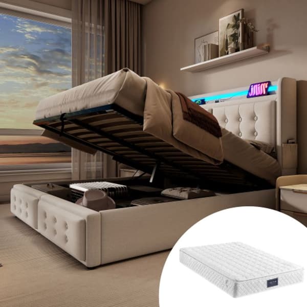 160x200 vadderad säng med LED-sänggavel och USB C med träribbor och metallram, beige (med madrass)