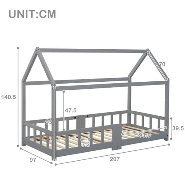 Barnsäng Extrasäng 90 x 200 cm i grå furu, med infällbar spjälbotten (madrass ingår ej)