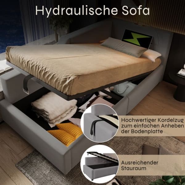 Klädd säng 90x190 cm, bäddsoffa med förvaringsskåp, läslampa och USB-C, sängstomme med träribbor, grå.