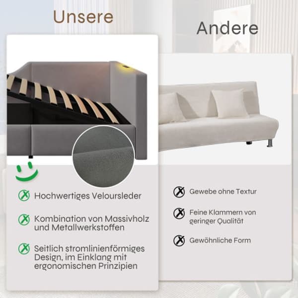 Klädd säng 90x190 cm, bäddsoffa med förvaringsskåp, läslampa och USB-C, sängstomme med träribbor, grå.