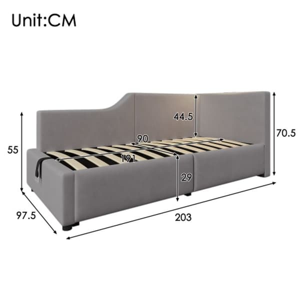 Klädd säng 90x190 cm, bäddsoffa med förvaringsskåp, läslampa och USB-C, sängstomme med träribbor, grå.