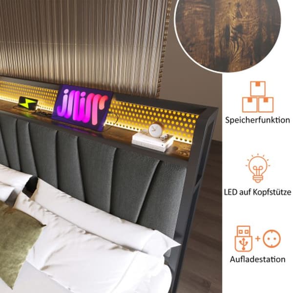 Klädd säng Metall LED-kontroll med USB och LED-belysning, metallsäng 140x200cm Grå träribbor (med madrass)