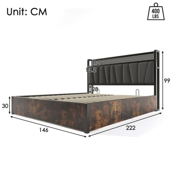 Klädd säng Metall LED-kontroll med USB och LED-belysning, metallsäng 140x200cm Grå träribbor (med madrass)
