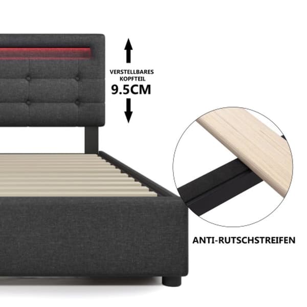 Sängram med LED-belysning och 2 lådor, stoppad enkelsäng 90x200 cm, träribbsängbotten, grå (utan madrass)