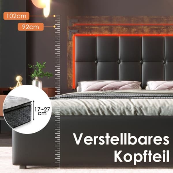 Sängram med LED-ljuslist och 4 lådor, stoppad enkelsäng 90x200 cm, funktionell säng, svart PU (utan madrass)