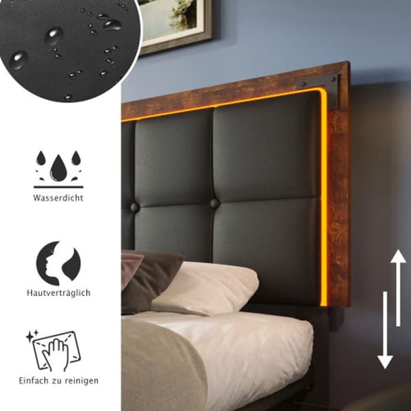 Sängram med LED-ljuslist och 4 lådor, stoppad enkelsäng 90x200 cm, funktionell säng, svart PU (utan madrass)