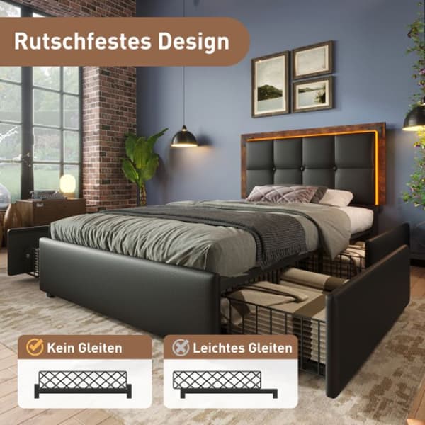 Sängram med LED-ljuslist och 4 lådor, stoppad enkelsäng 90x200 cm, funktionell säng, svart PU (utan madrass)