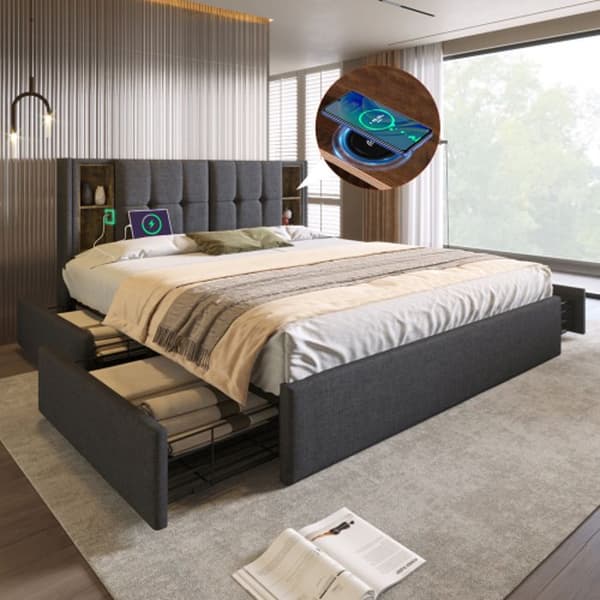 Sängram med USB C trådlös laddare och 4 lådor, stoppad sängram 160x200cm, träribbotten - linnegrå (utan madrass)