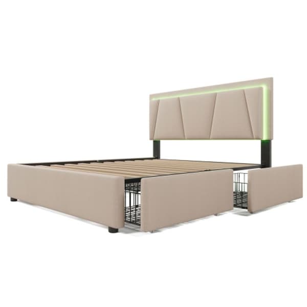 Klädd säng med LED-belysning och 4 lådor, 160x200 cm, träribbad, beige (utan madrass)