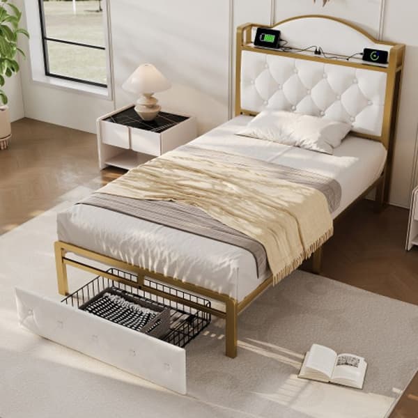Klädd säng med USB Type C laddningsfunktion och lådor, enkelsäng 90 x 200 förvaringssäng, ljus beige (utan madrass)