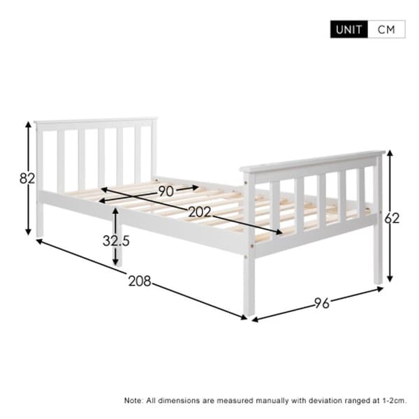 Massivträsäng Sängstomme med lamellbotten Enkelsäng med sänggavel 90 x 200 cm Vit barnsäng Massiv furu
